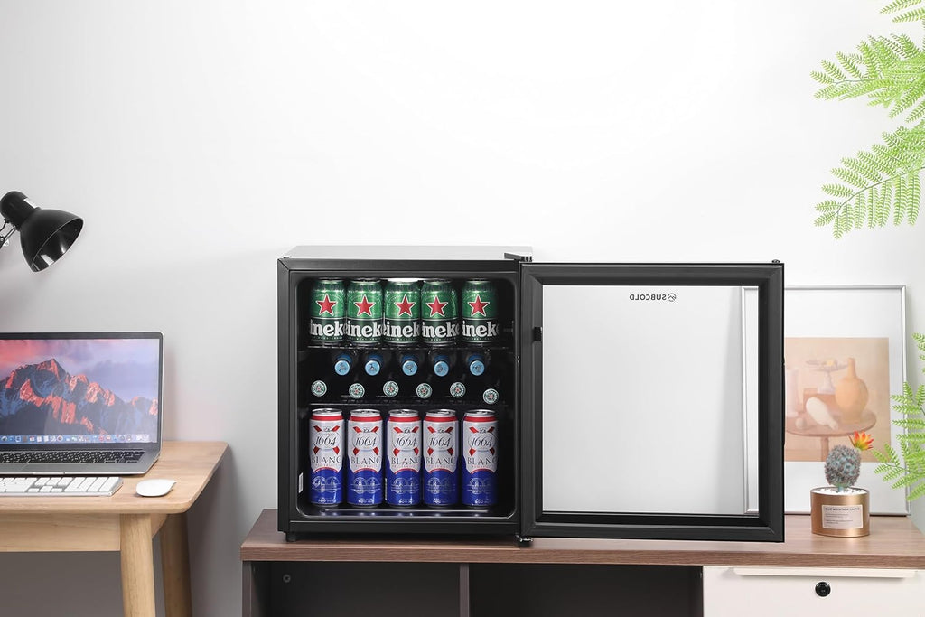 Mini Fridge 50L with Glass Door – Quiet Drinks & Beer Cooler with LED Light | Compact Small Fridge for Bedrooms, Gaming Rooms, Man Caves, Offices & Home Bars – Energy Efficient